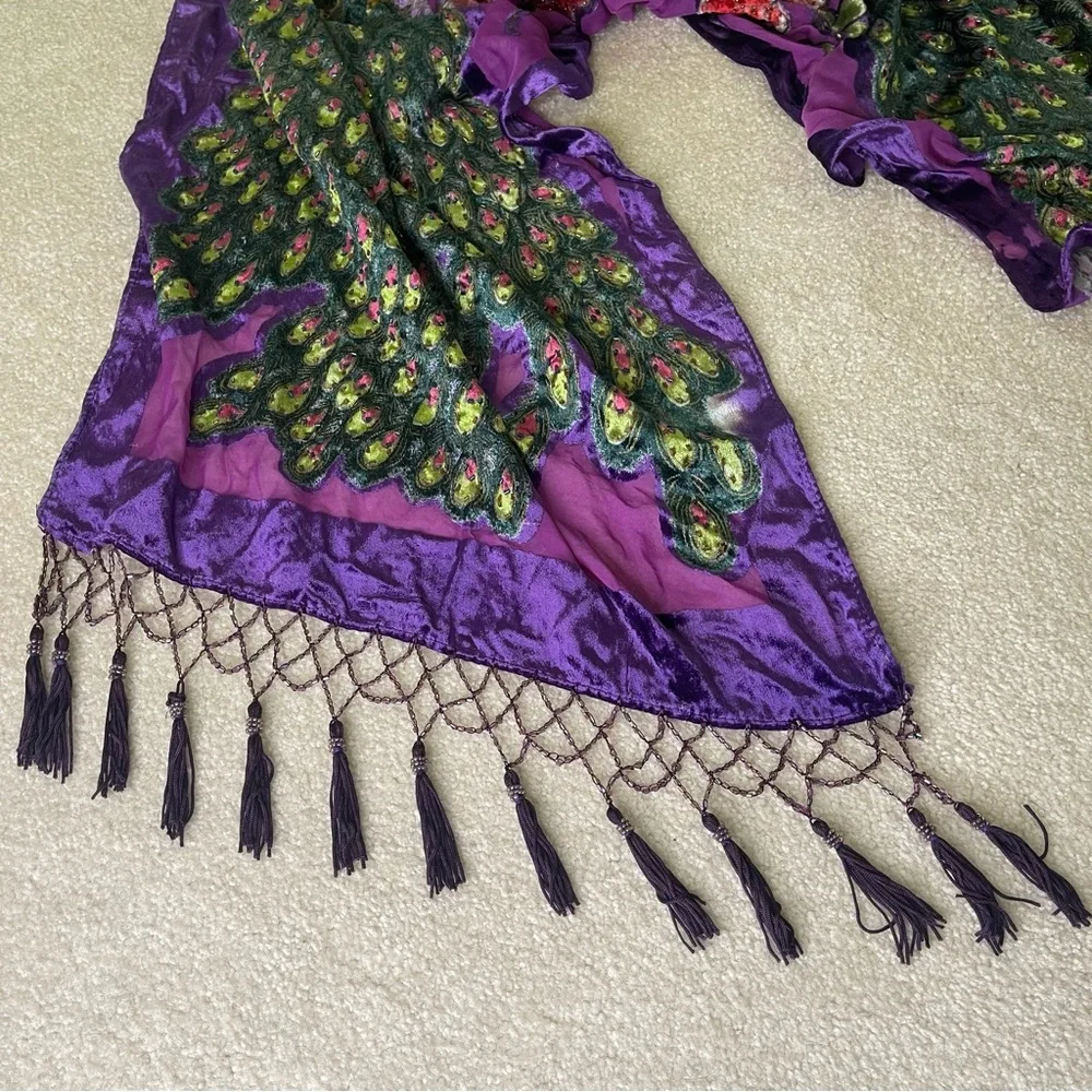 Peacock Velvet Silk Blend Burnout Wrap Scarf Shawl - beaded vintage purple - Picture 7 of 15